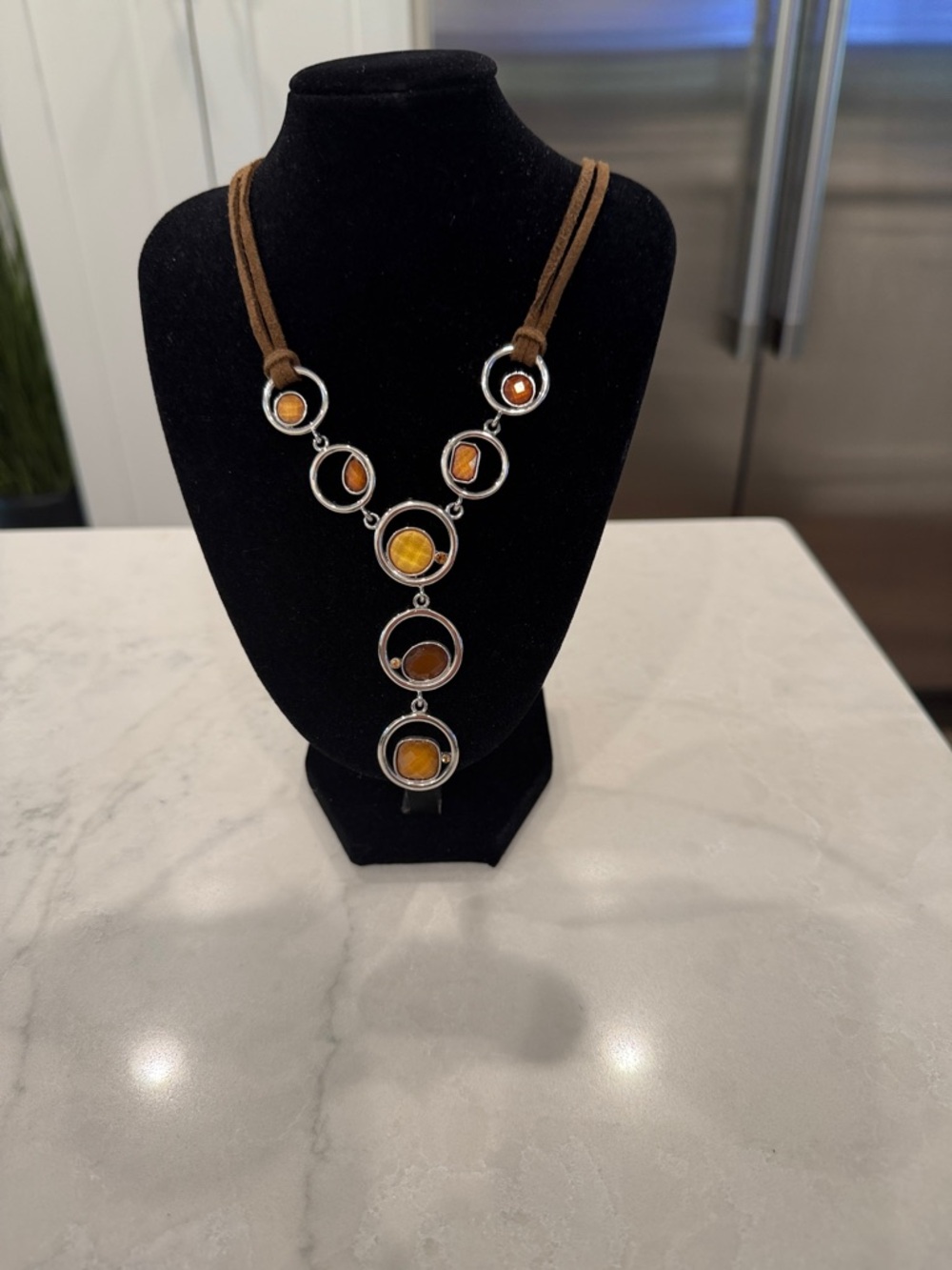 Lia Sophia Brown Suede Necklace with Amber-Yellow Stone Circles